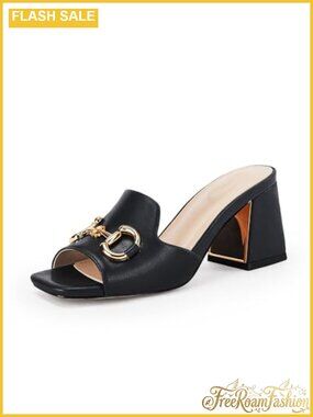 Women's Peep Toe Chunky Heel Mules Slip-On Slides Metal Chain Sandals